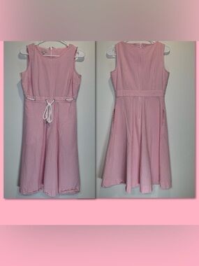 Talbots Petite 2P Pink Striped 100% Cotton Seersucker Drawstring Waist Dress